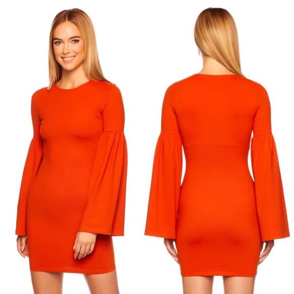 SUSANA MONACO Bell Sleeve Mini Dress in Pumpkin Orange Fitted Size Medium NEW - Picture 3 of 8